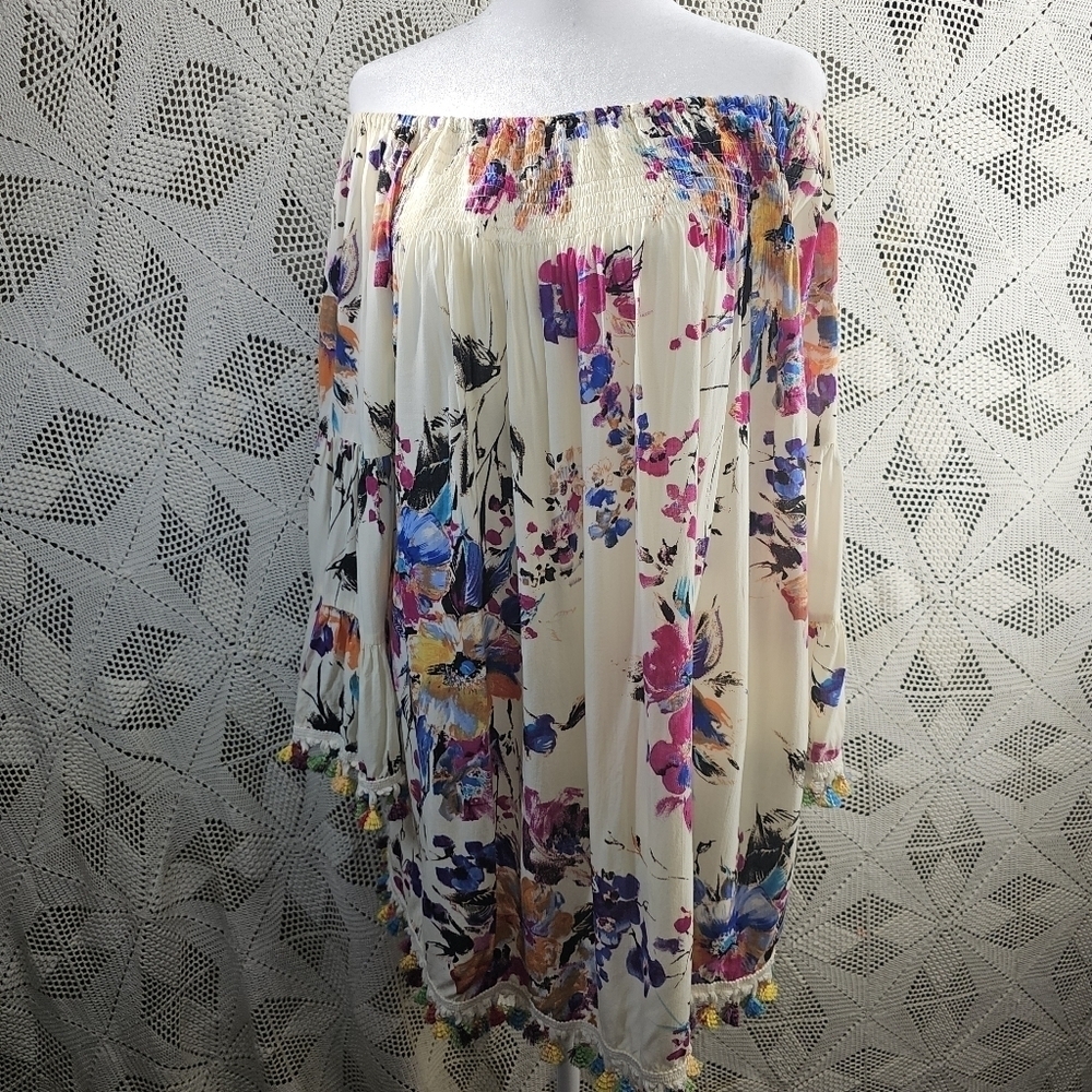 Jodifl, Pom Pom Fringe Tassel, Floral Smocked Draped Watercolor Boho Top large